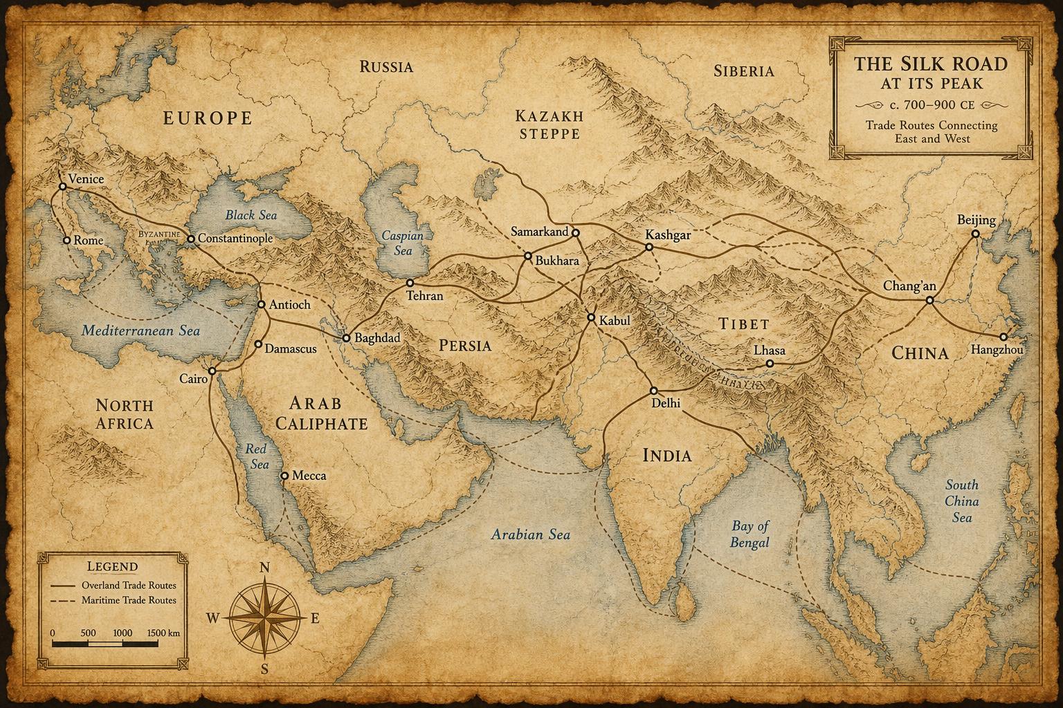 Antique map of the Silk Road trade network
